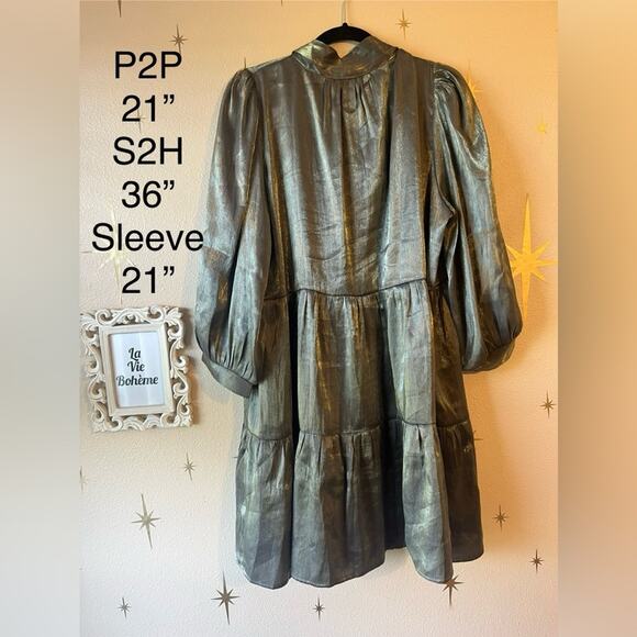 SOLD Gigio Shimmering Metallic Gold Green Mini Dress Brunch Event Party - Picture 9 of 10